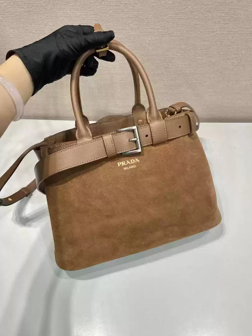Prada 1BA434 Caramel Prada Buckle Medium Suede Handbag With Belt