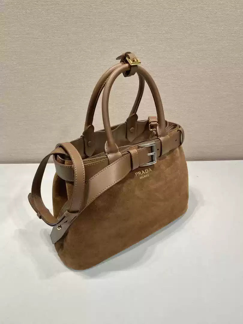 Prada 1BA434 Caramel Prada Buckle Medium Suede Handbag With Belt
