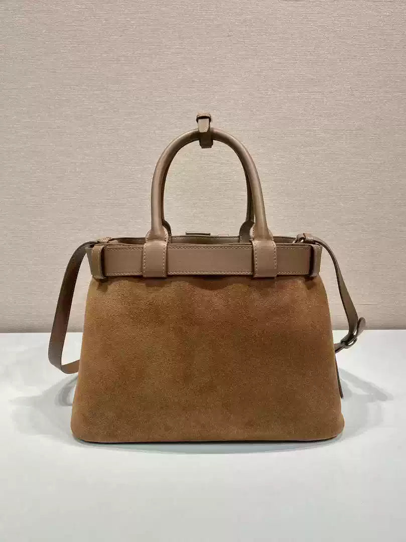Prada 1BA434 Caramel Prada Buckle Medium Suede Handbag With Belt