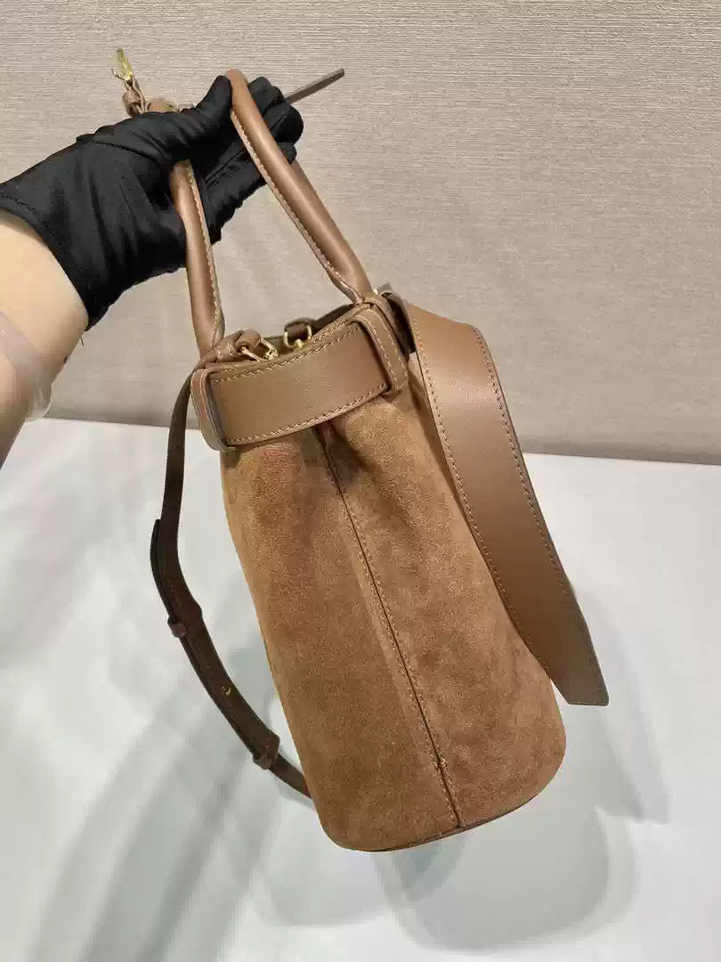 Prada 1BA434 Caramel Prada Buckle Medium Suede Handbag With Belt