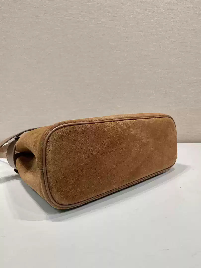 Prada 1BA434 Caramel Prada Buckle Medium Suede Handbag With Belt