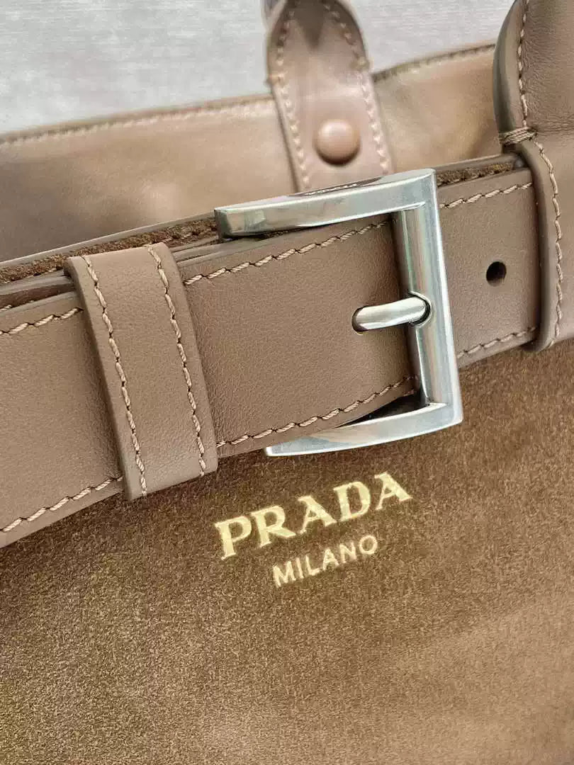 Prada 1BA434 Caramel Prada Buckle Medium Suede Handbag With Belt
