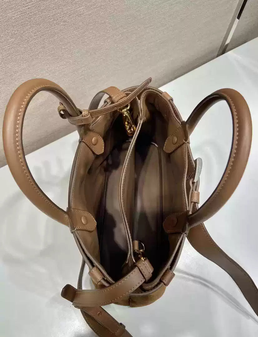 Prada 1BA434 Caramel Prada Buckle Medium Suede Handbag With Belt