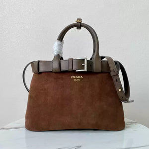 Prada 1BA434 Drak Brown Prada Buckle Medium Suede Handbag With Belt - Default Title - View 1
