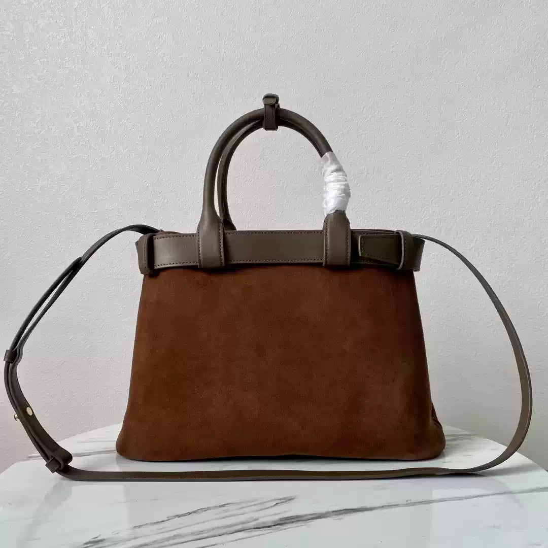 Prada 1BA434 Drak Brown Prada Buckle Medium Suede Handbag With Belt