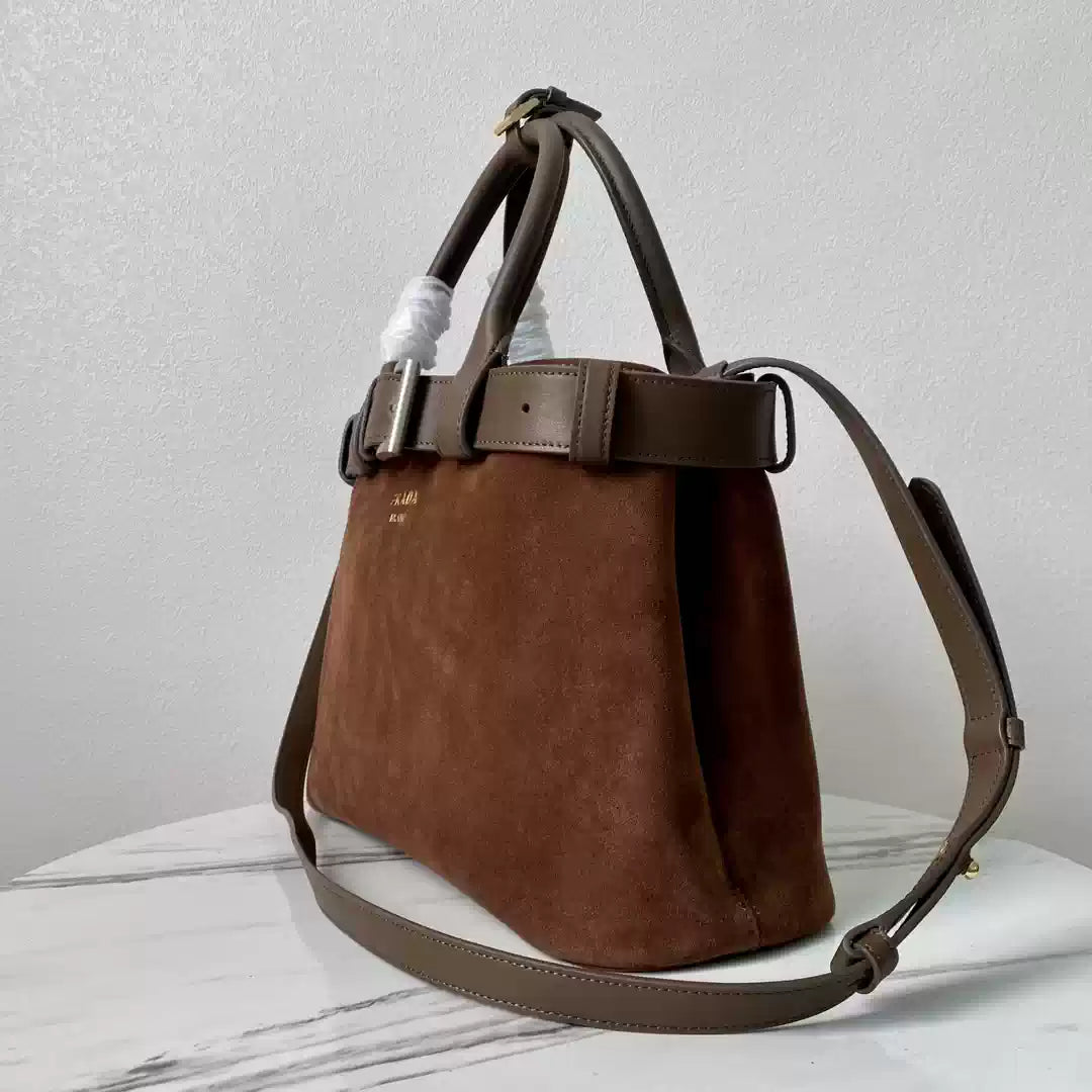 Prada 1BA434 Drak Brown Prada Buckle Medium Suede Handbag With Belt