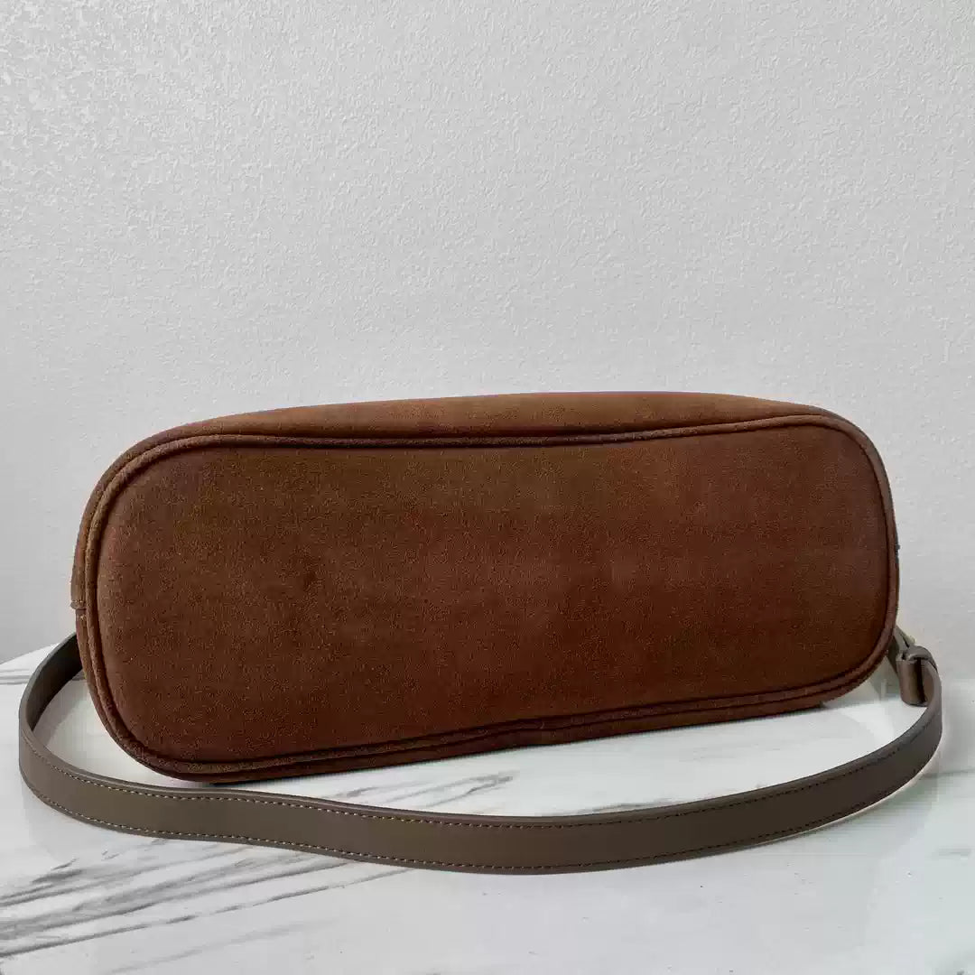 Prada 1BA434 Drak Brown Prada Buckle Medium Suede Handbag With Belt