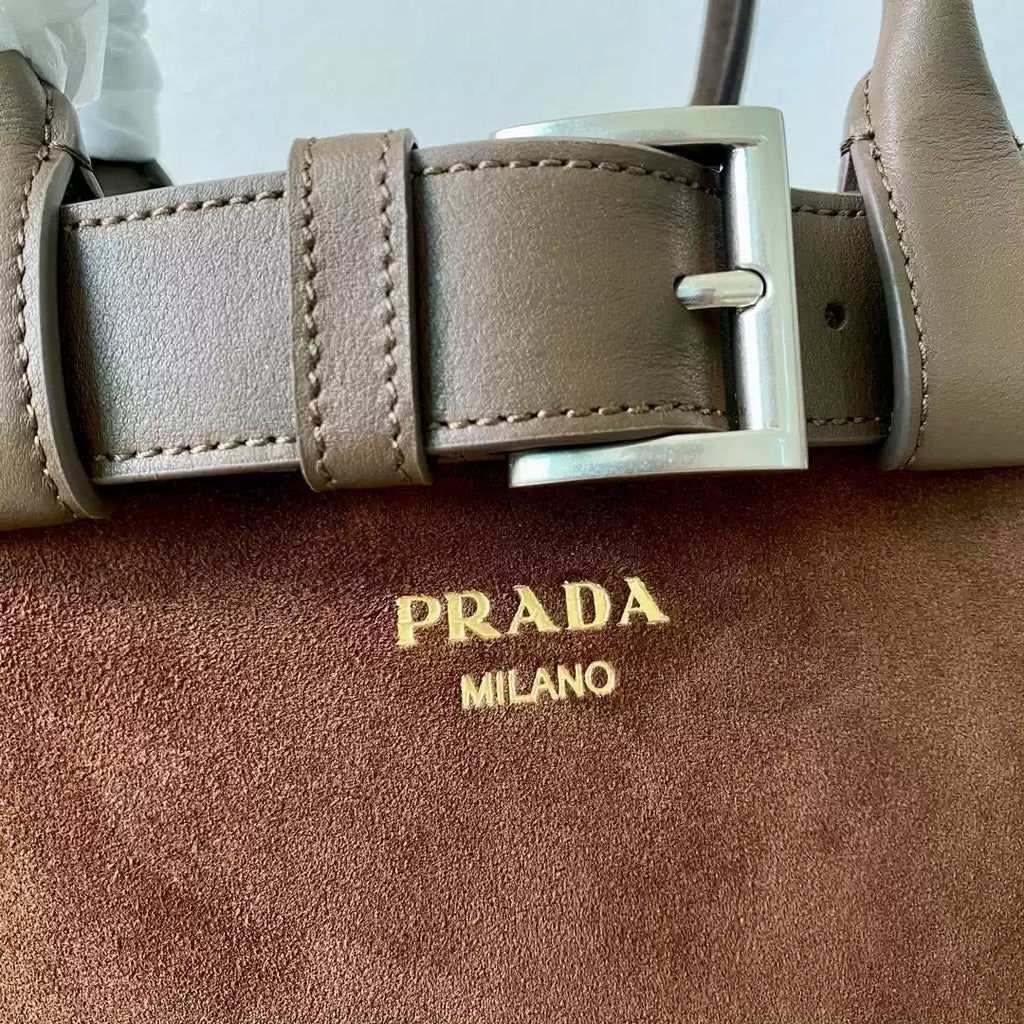 Prada 1BA434 Drak Brown Prada Buckle Medium Suede Handbag With Belt