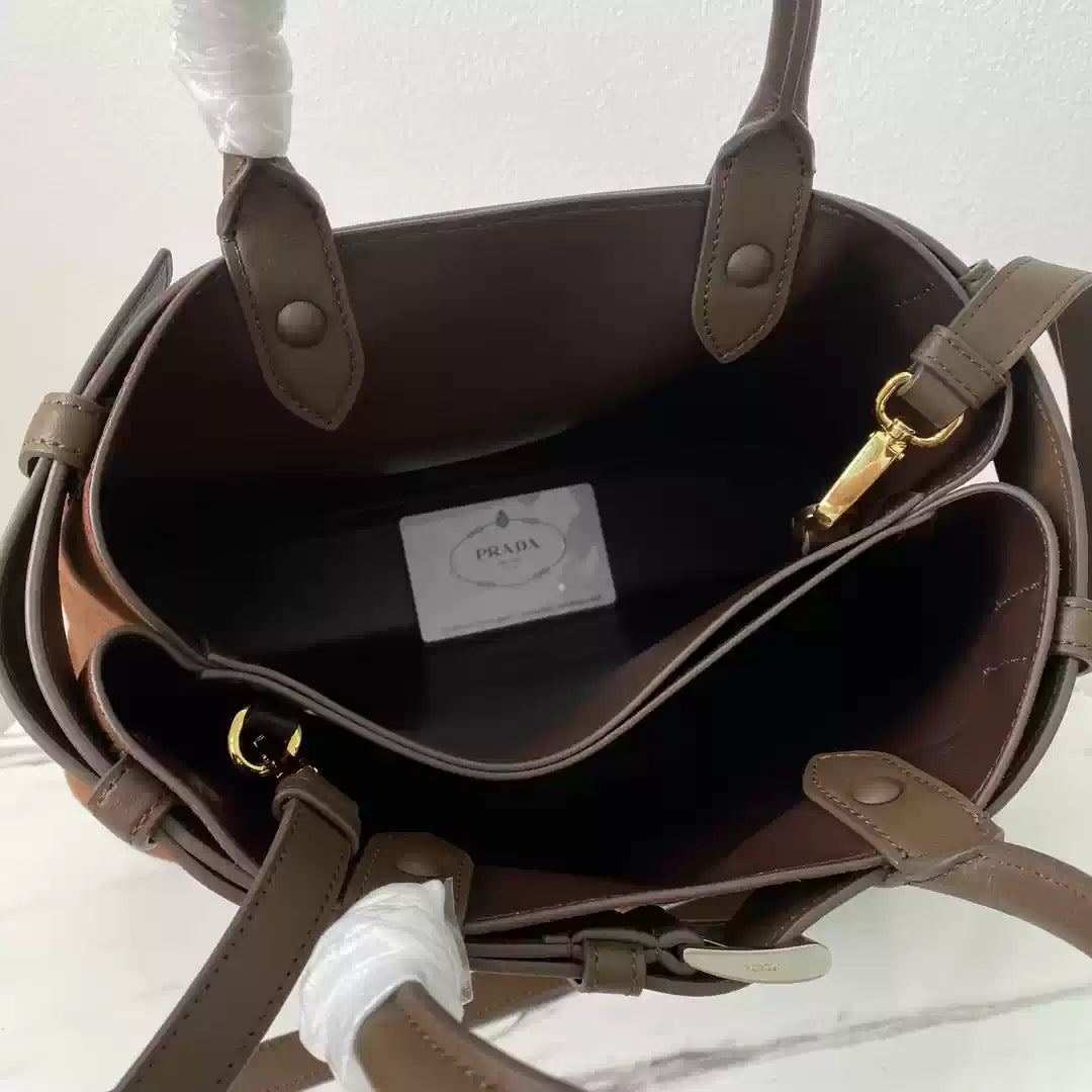 Prada 1BA434 Drak Brown Prada Buckle Medium Suede Handbag With Belt