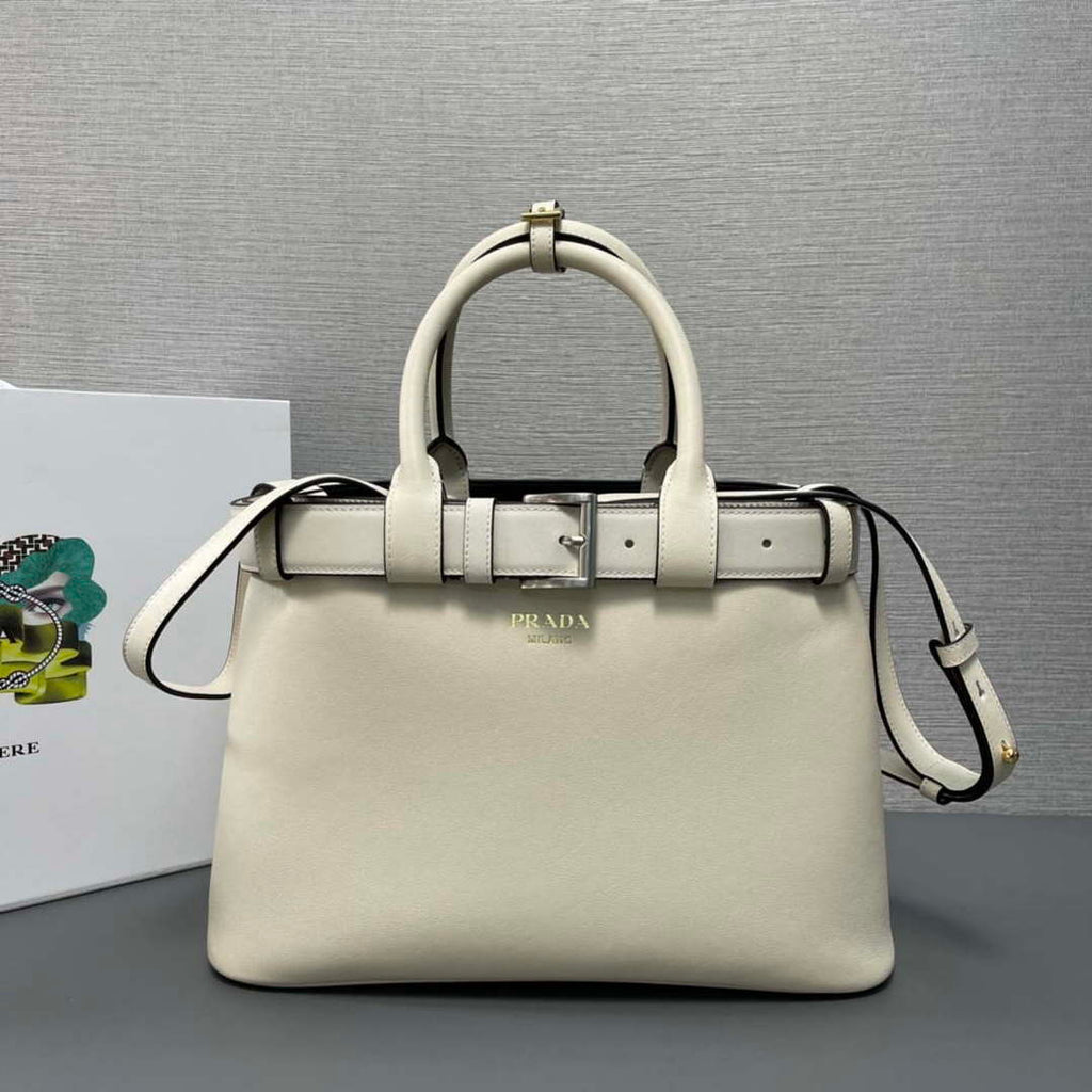 Prada 1BA434 White Prada Buckle Medium Leather Handbag With Belt