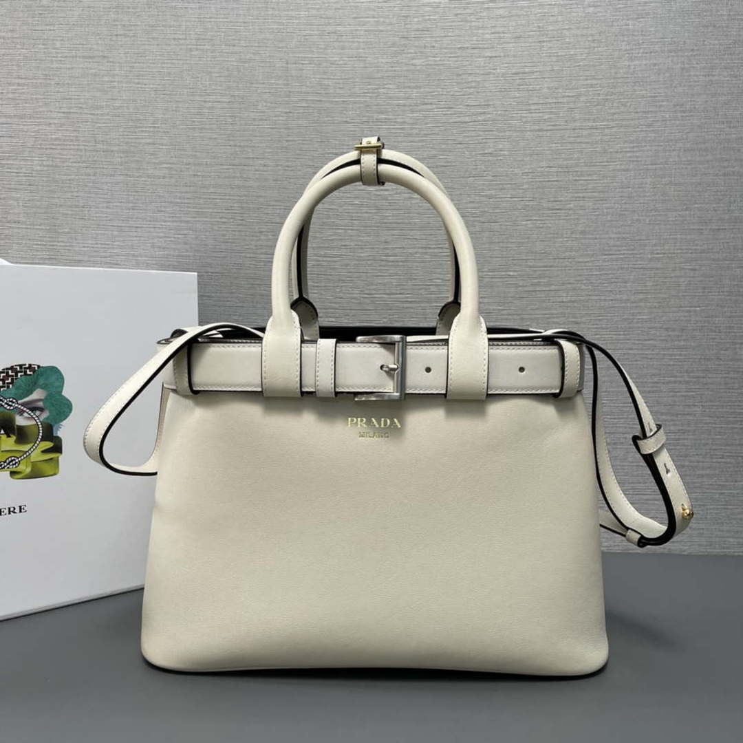 Prada 1BA434 White Prada Buckle Medium Leather Handbag With Belt - Default Title - View 1