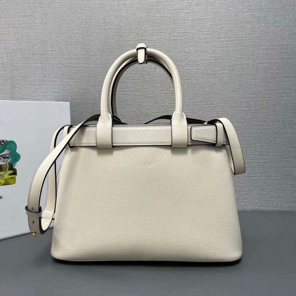 Prada 1BA434 White Prada Buckle Medium Leather Handbag With Belt