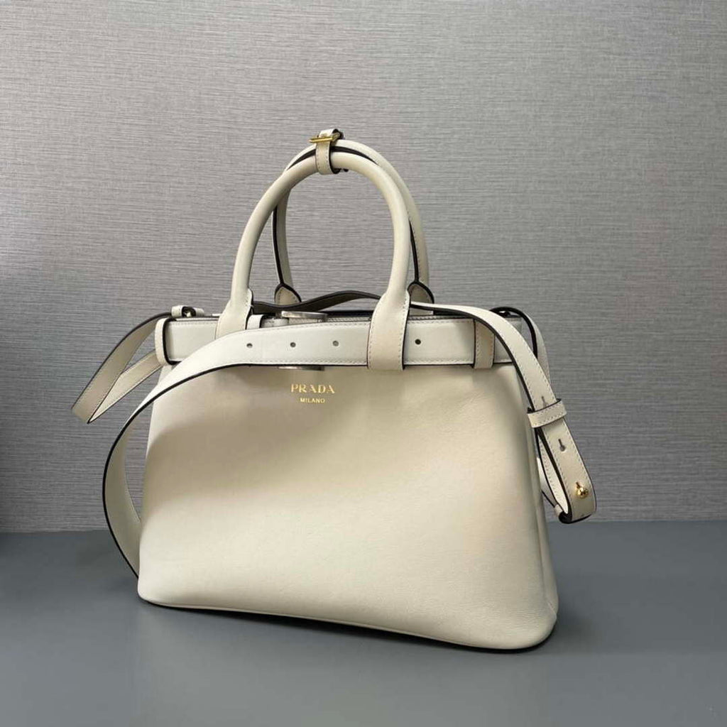 Prada 1BA434 White Prada Buckle Medium Leather Handbag With Belt