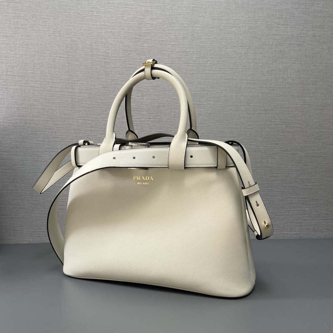 Prada 1BA434 White Prada Buckle Medium Leather Handbag With Belt - Default Title - View 3