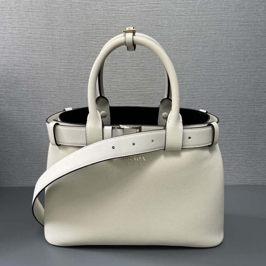 Prada 1BA434 White Prada Buckle Medium Leather Handbag With Belt - Default Title - View 4