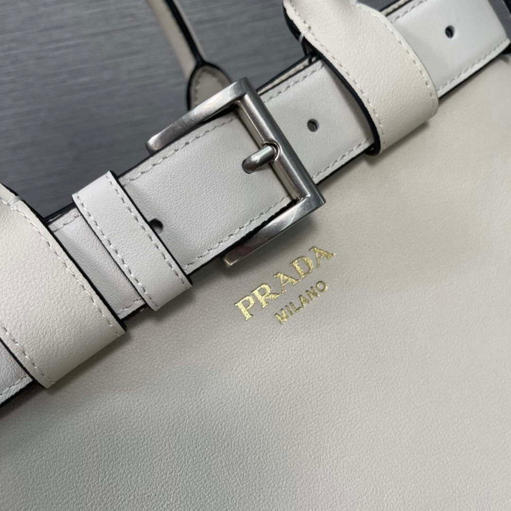 Prada 1BA434 White Prada Buckle Medium Leather Handbag With Belt