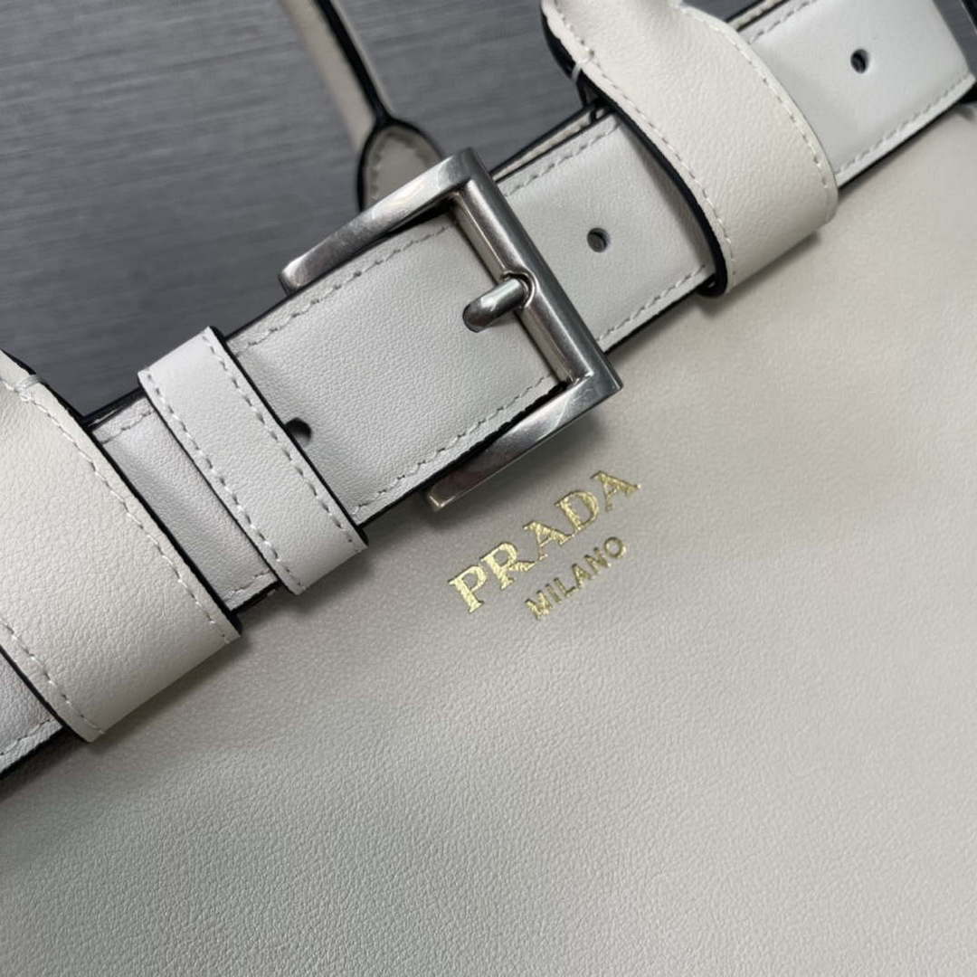 Prada 1BA434 White Prada Buckle Medium Leather Handbag With Belt