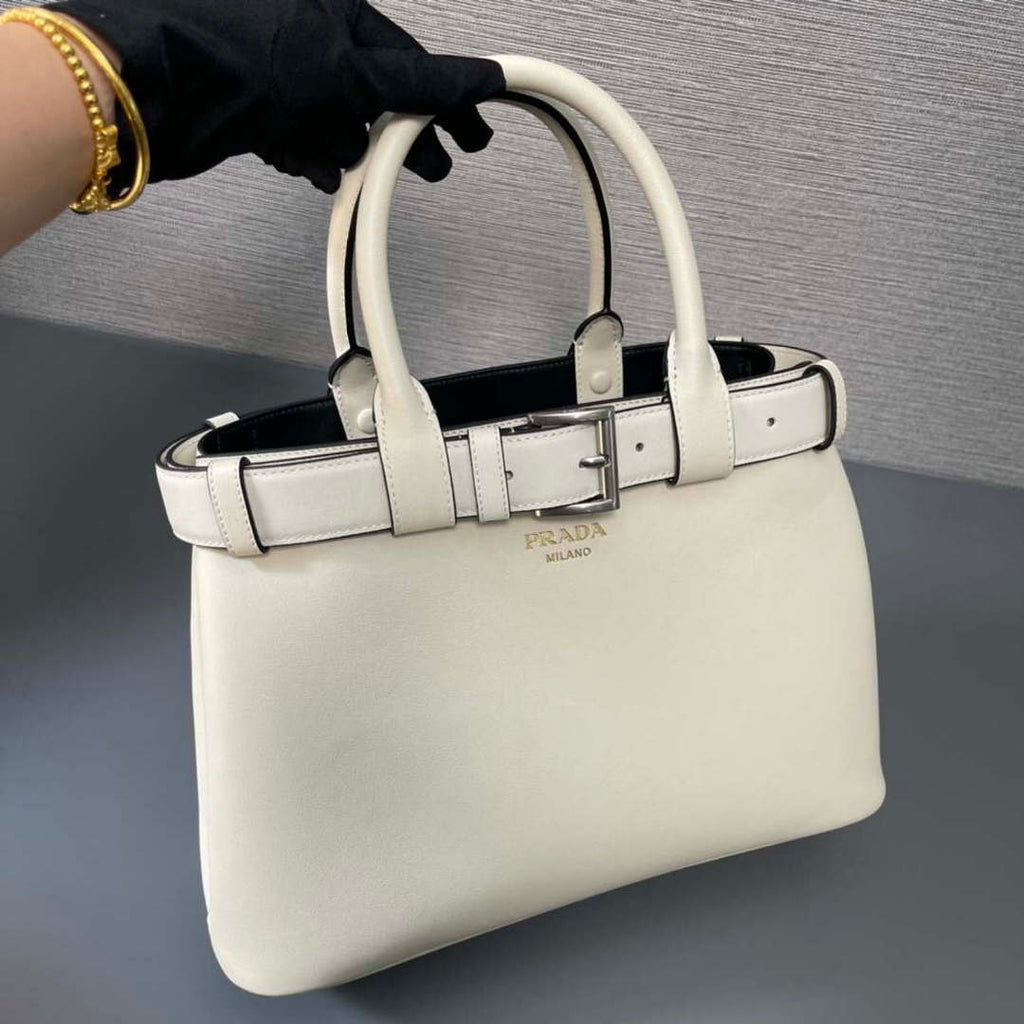 Prada 1BA434 White Prada Buckle Medium Leather Handbag With Belt