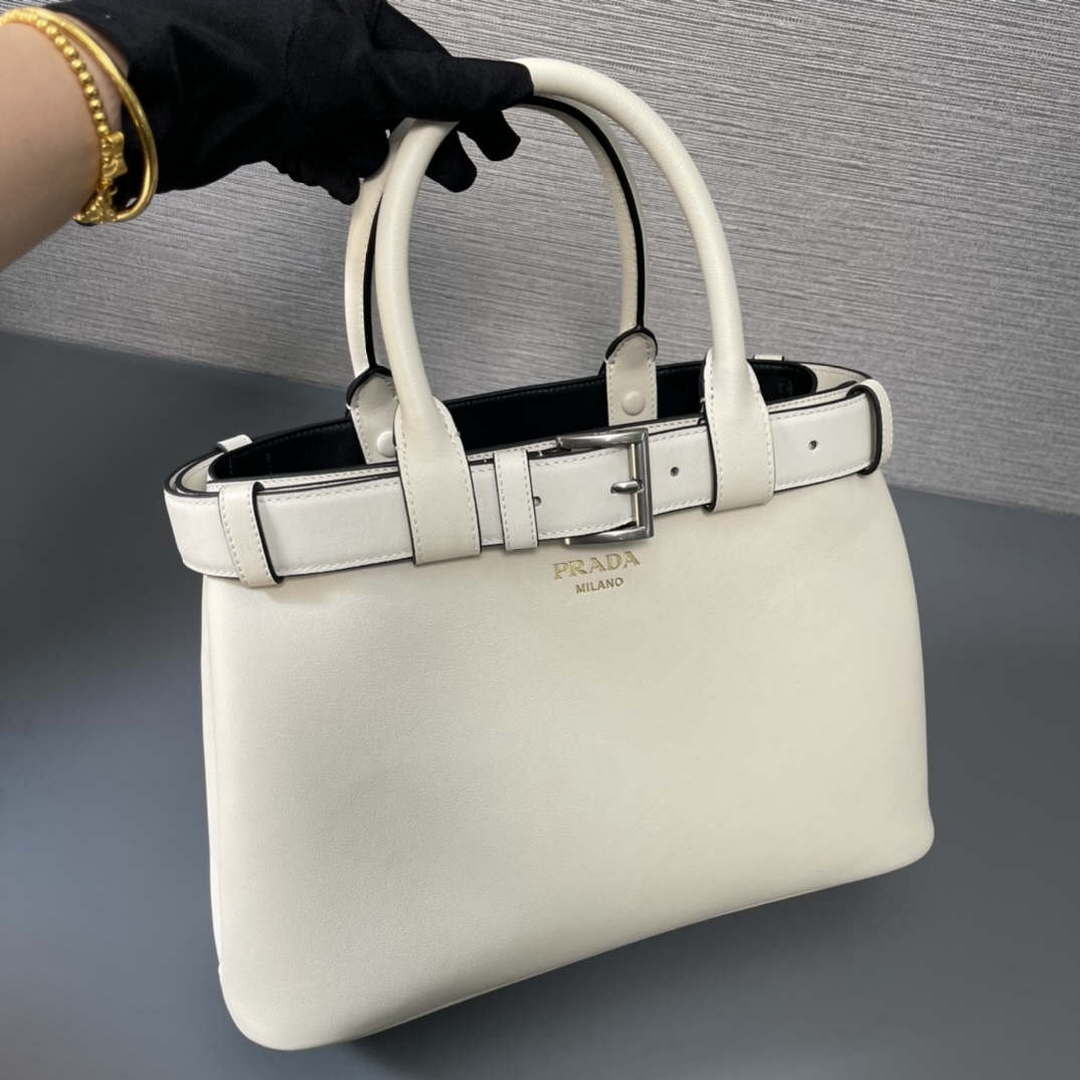 Prada 1BA434 White Prada Buckle Medium Leather Handbag With Belt - Default Title - View 8