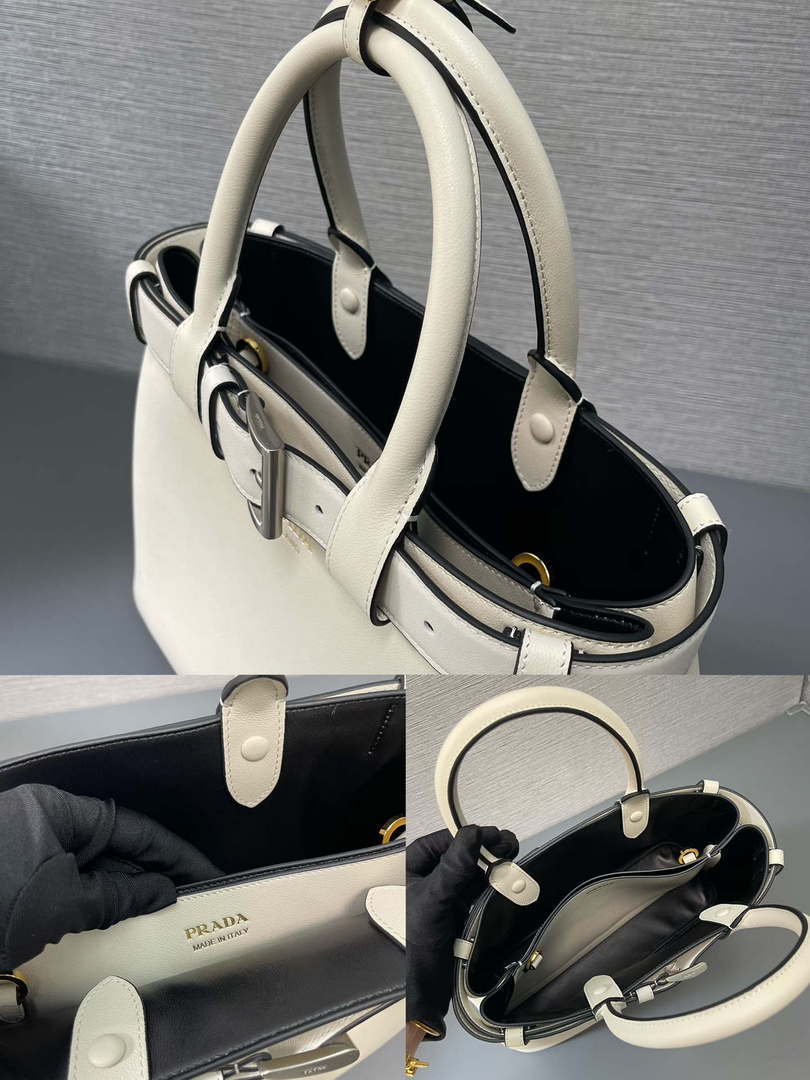 Prada 1BA434 White Prada Buckle Medium Leather Handbag With Belt