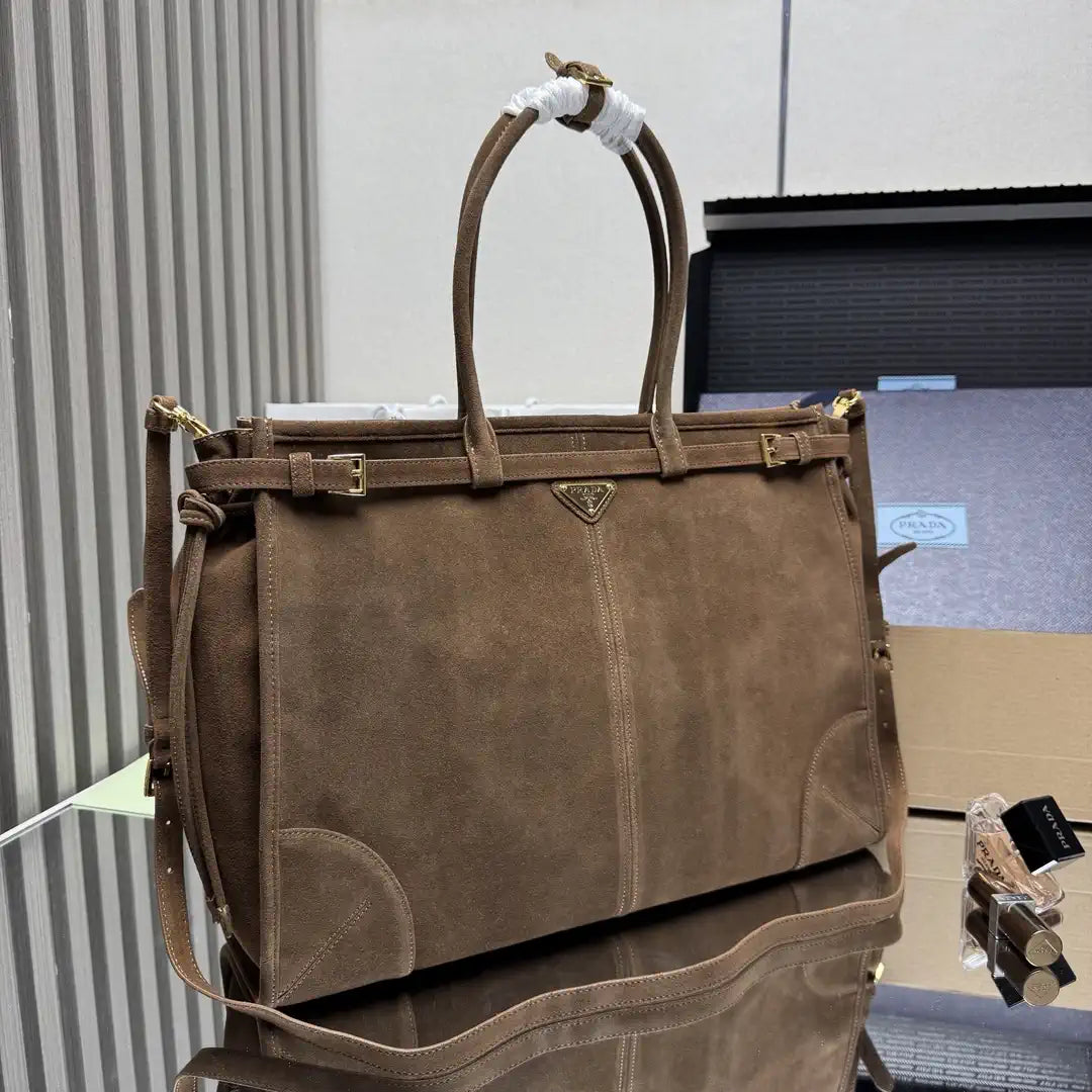 Prada 1BA439 Prada Bonnie extra large Suede leather handbag Brown