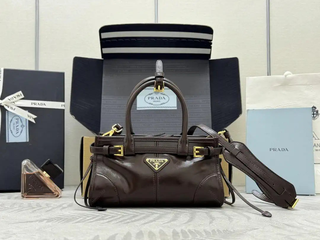 Prada 1BA486 Bonnie leather mini handbag Dark Brown