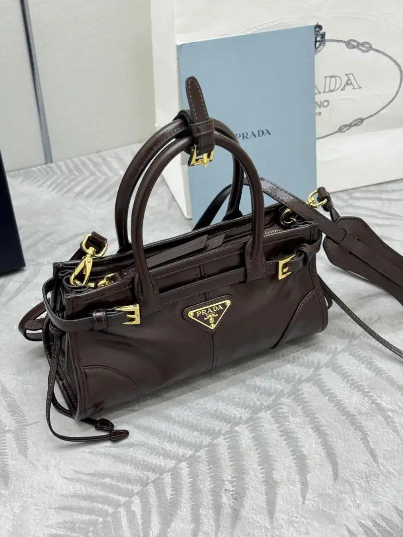 Prada 1BA486 Bonnie leather mini handbag Dark Brown