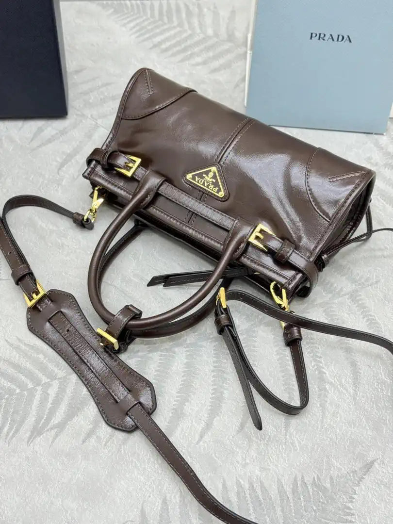 Prada 1BA486 Bonnie leather mini handbag Dark Brown