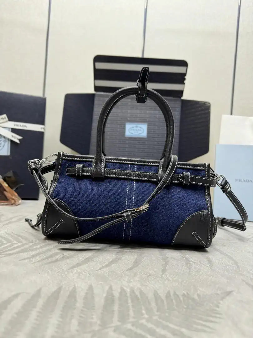 Prada 1BA486 Bonnie  Denim Blue mini handbag Canvas Black