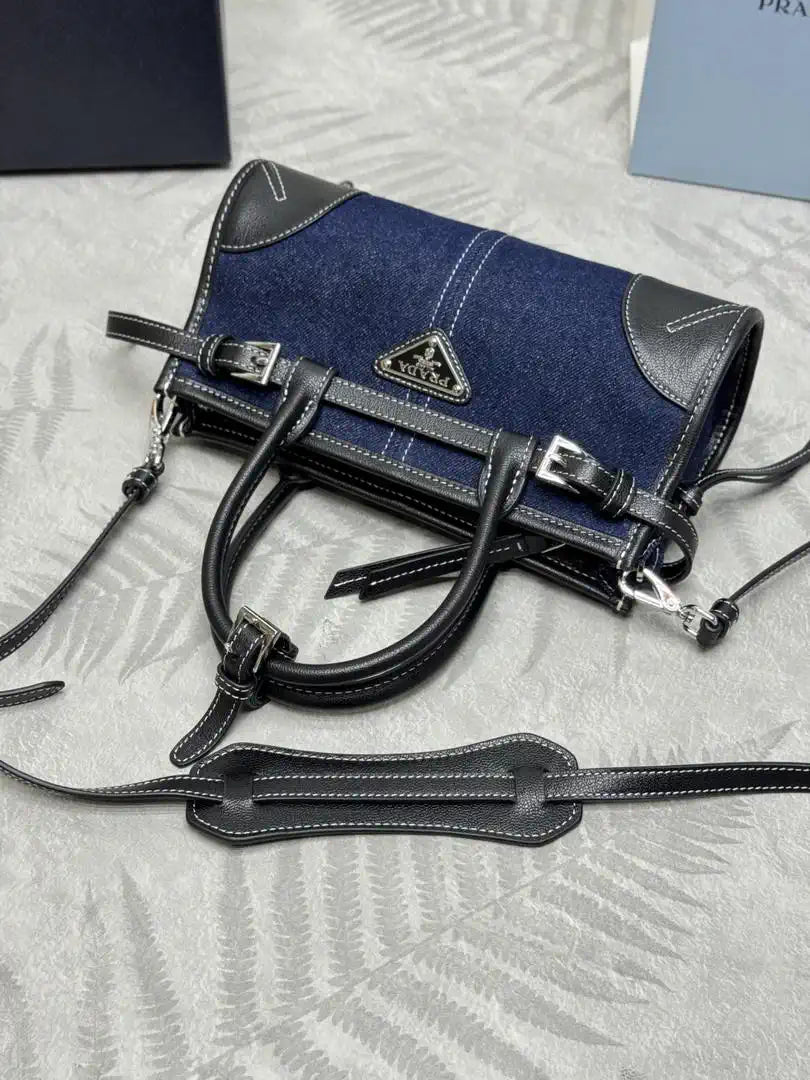 Prada 1BA486 Bonnie  Denim Blue mini handbag Canvas Black