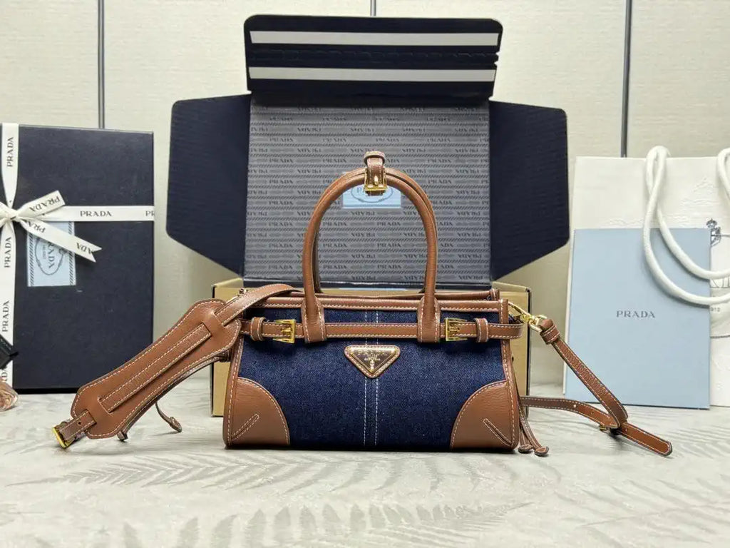 Prada 1BA486 Bonnie  Denim Blue mini handbag Canvas Brown