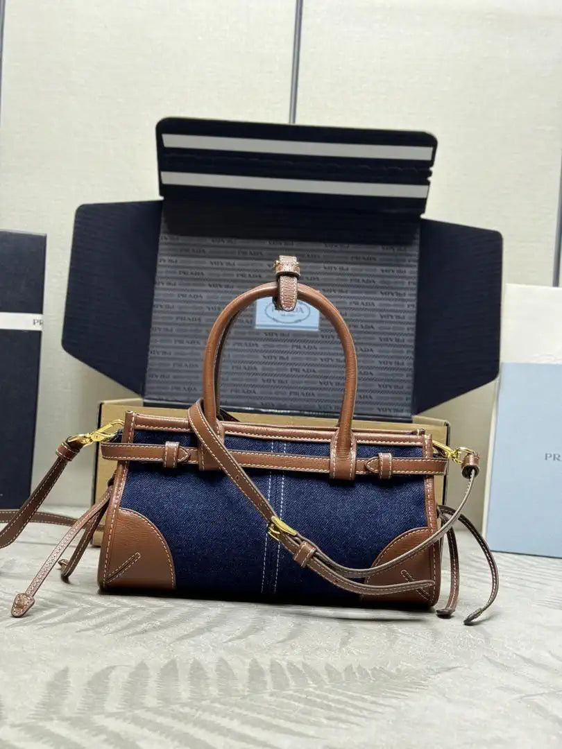 Prada 1BA486 Bonnie  Denim Blue mini handbag Canvas Brown