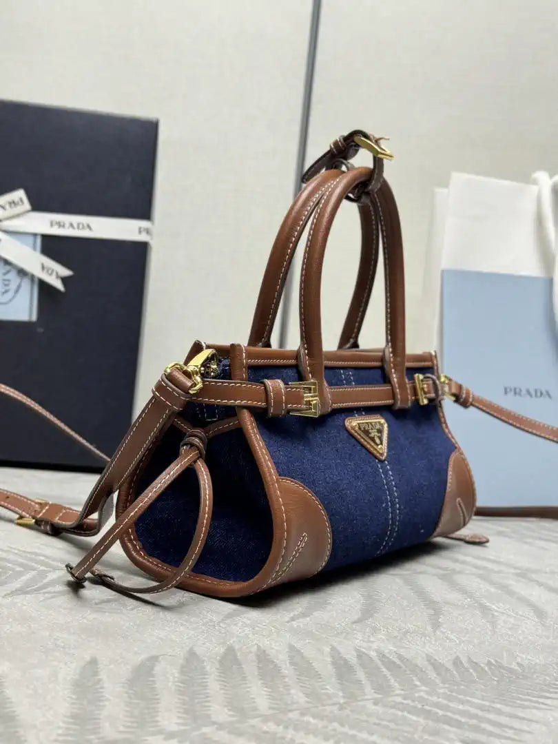 Prada 1BA486 Bonnie  Denim Blue mini handbag Canvas Brown