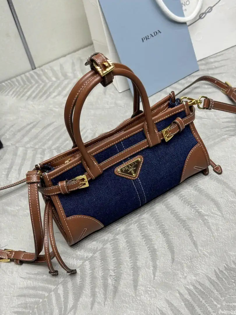 Prada 1BA486 Bonnie  Denim Blue mini handbag Canvas Brown
