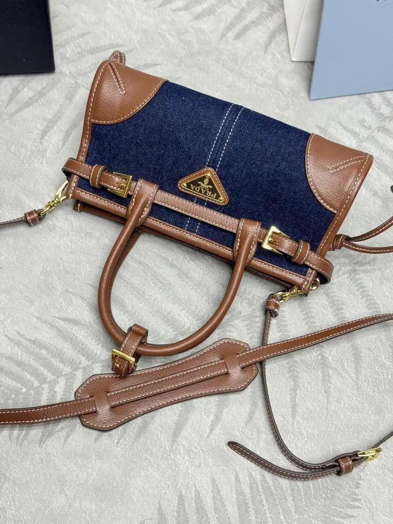 Prada 1BA486 Bonnie  Denim Blue mini handbag Canvas Brown