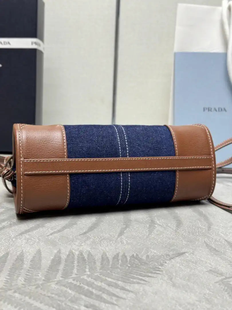 Prada 1BA486 Bonnie  Denim Blue mini handbag Canvas Brown
