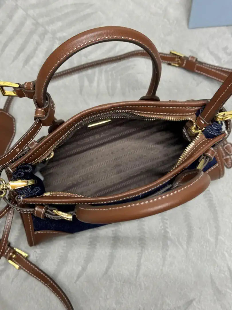 Prada 1BA486 Bonnie  Denim Blue mini handbag Canvas Brown