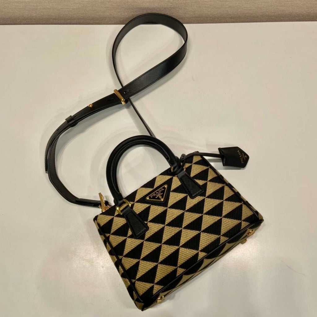 Prada 1BA906 Galleria embroidered fabric bag Black and Beige