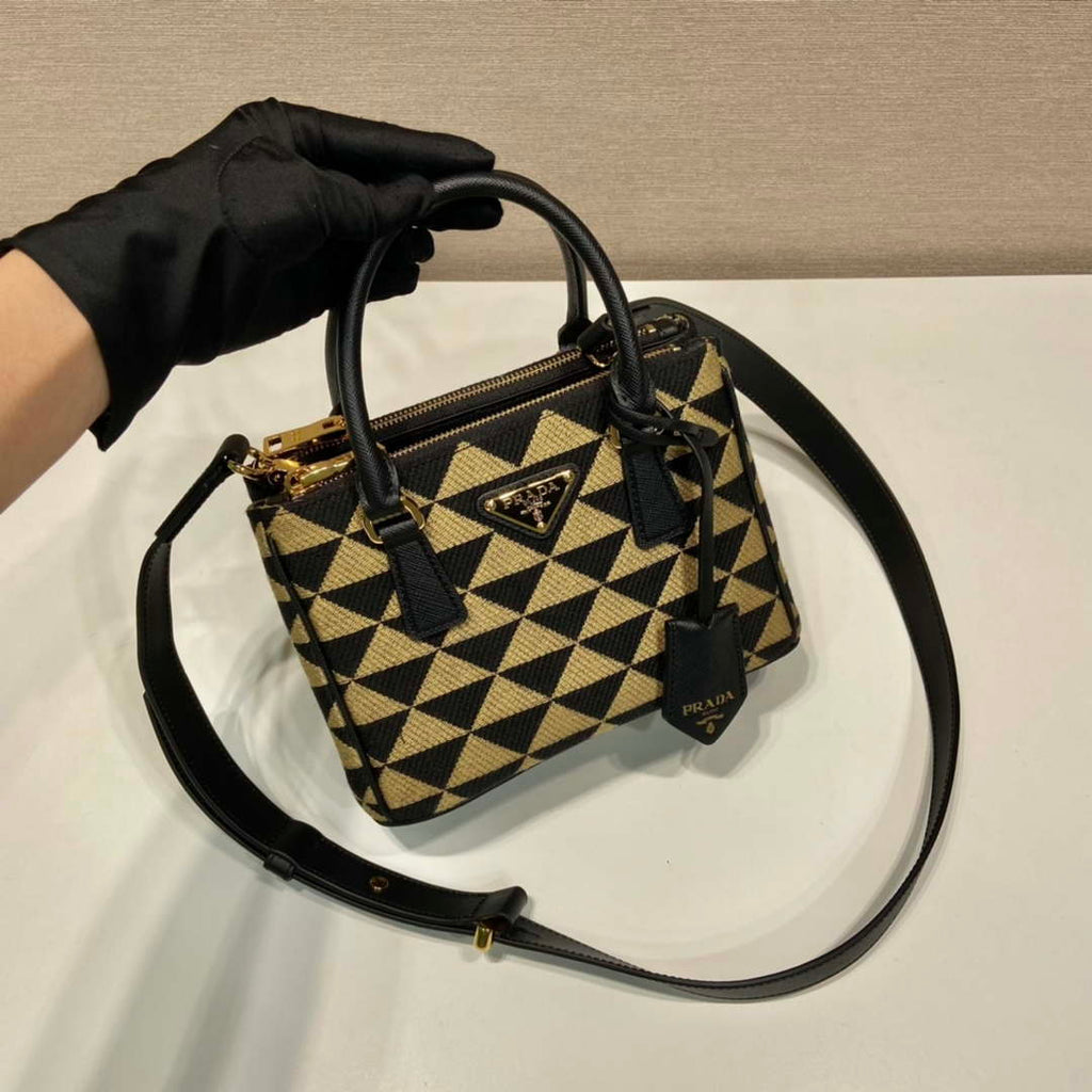 Prada 1BA906 Galleria embroidered fabric bag Black and Beige