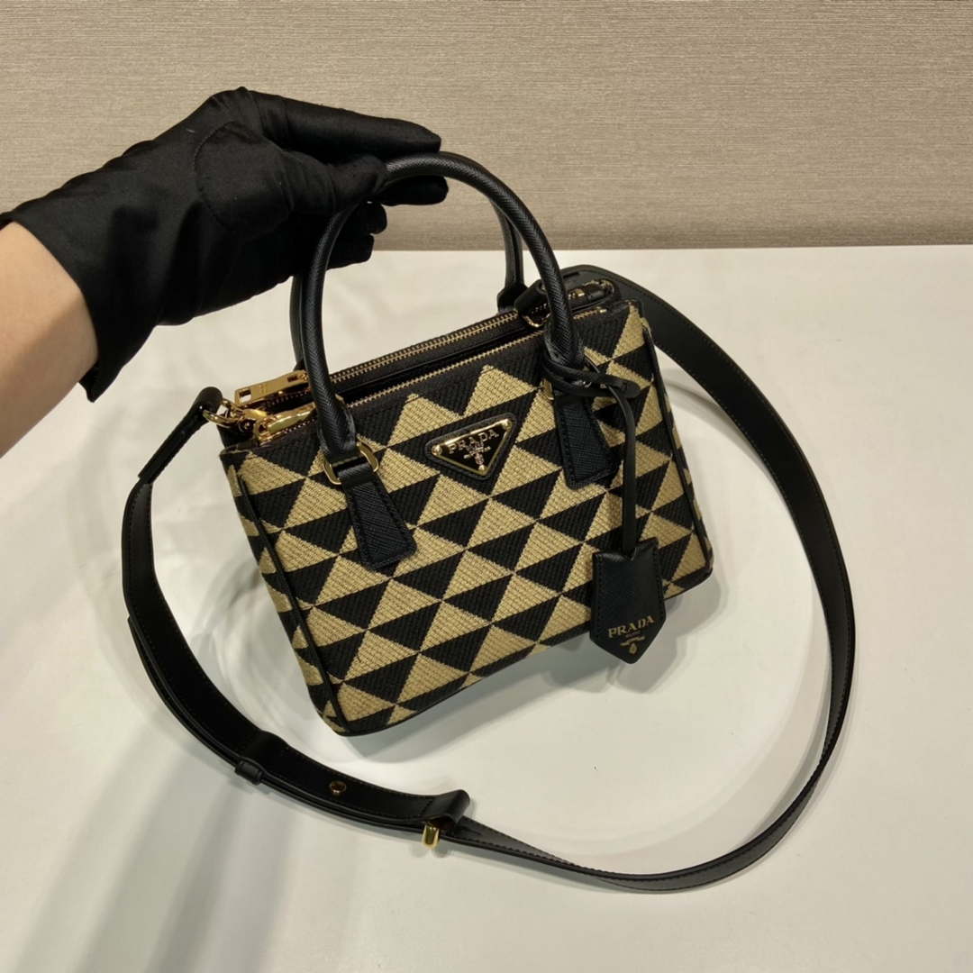 Prada 1BA906 Galleria embroidered fabric bag Black and Beige