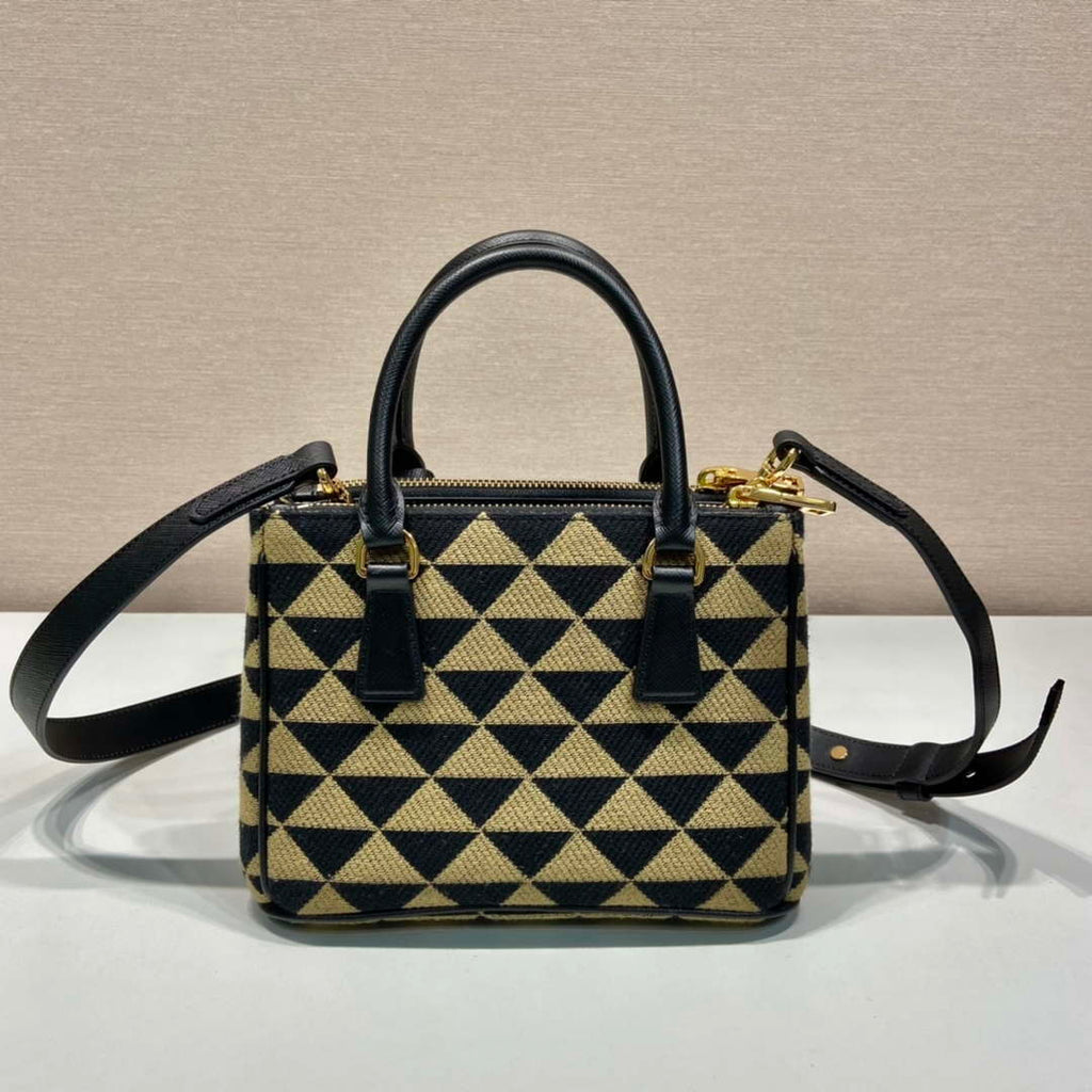 Prada 1BA906 Galleria embroidered fabric bag Black and Beige