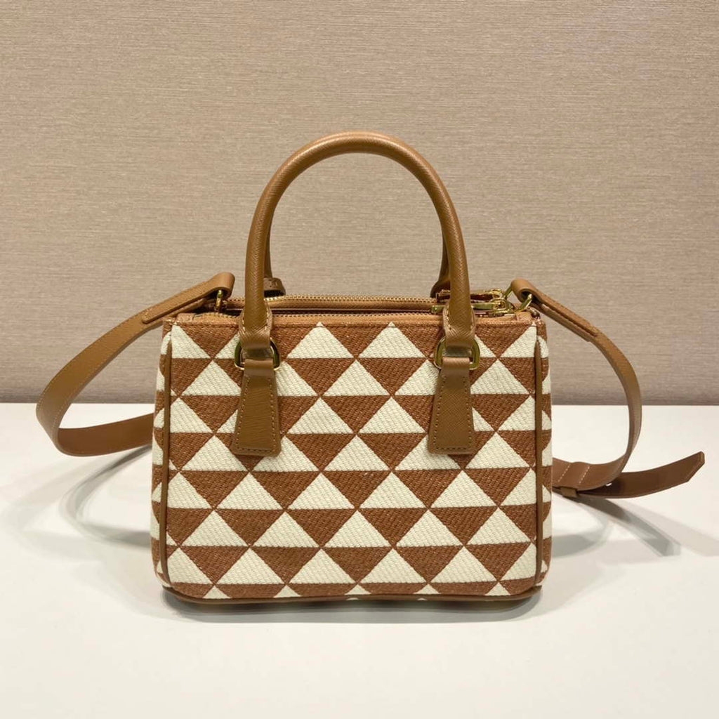 Prada 1BA906 Galleria embroidered fabric bag Brown and Beige