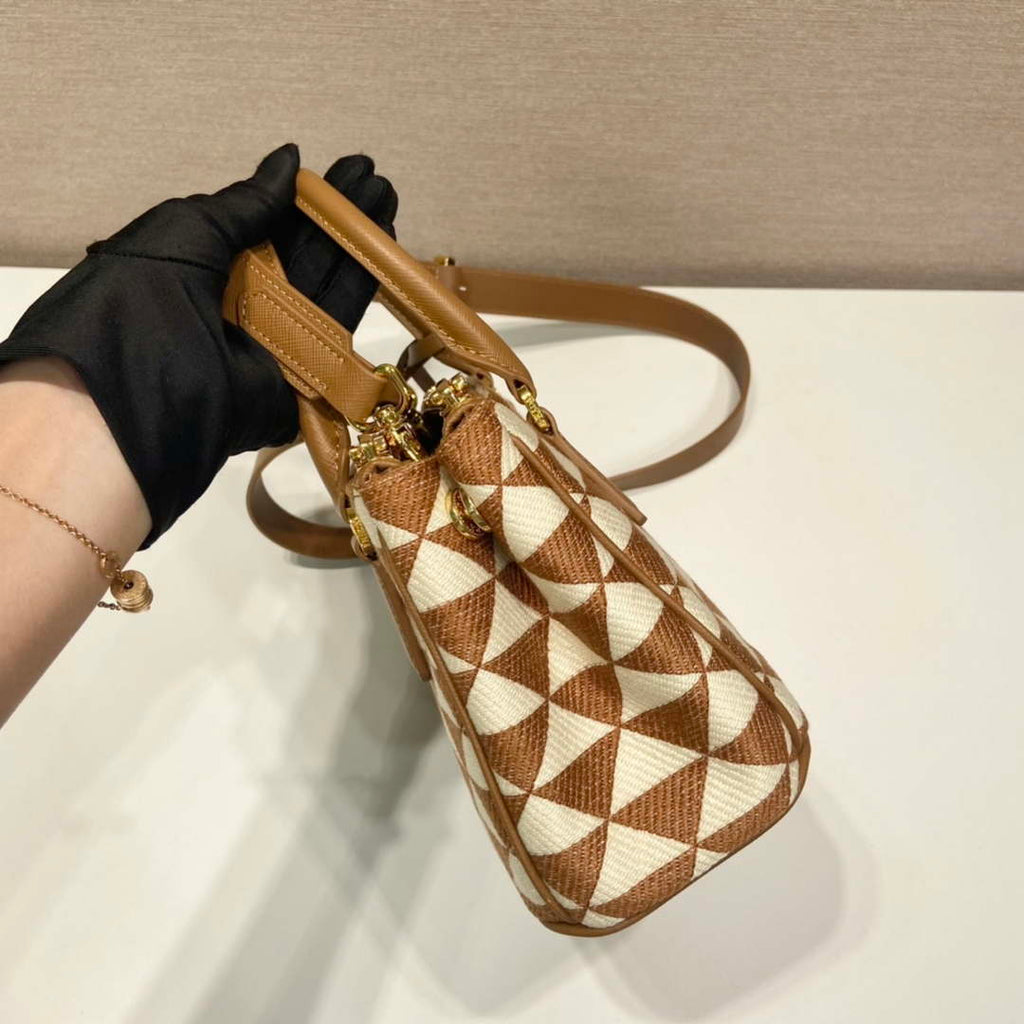 Prada 1BA906 Galleria embroidered fabric bag Brown and Beige