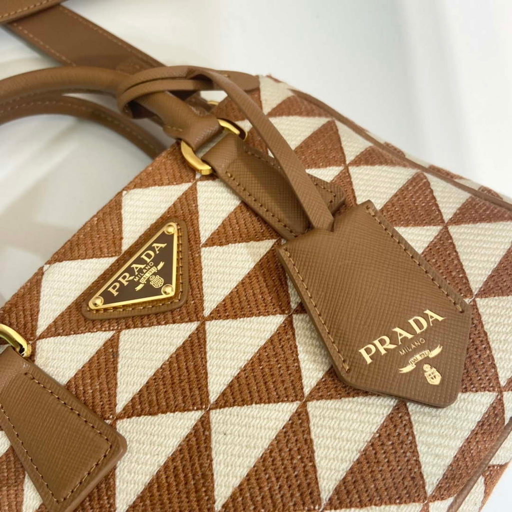 Prada 1BA906 Galleria embroidered fabric bag Brown and Beige