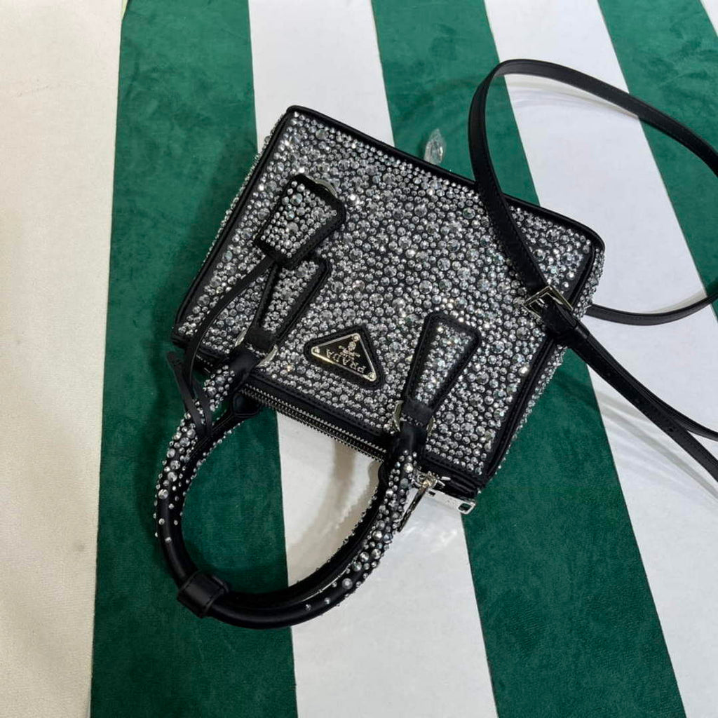 Prada 1BA906 Galleria satin mini-bag with crystals Black