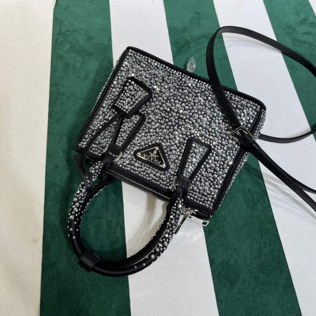 Prada 1BA906 Galleria satin mini-bag with crystals Black