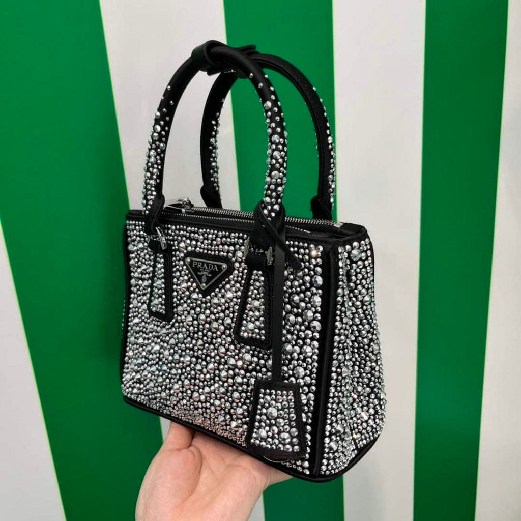 Prada 1BA906 Galleria satin mini-bag with crystals Black