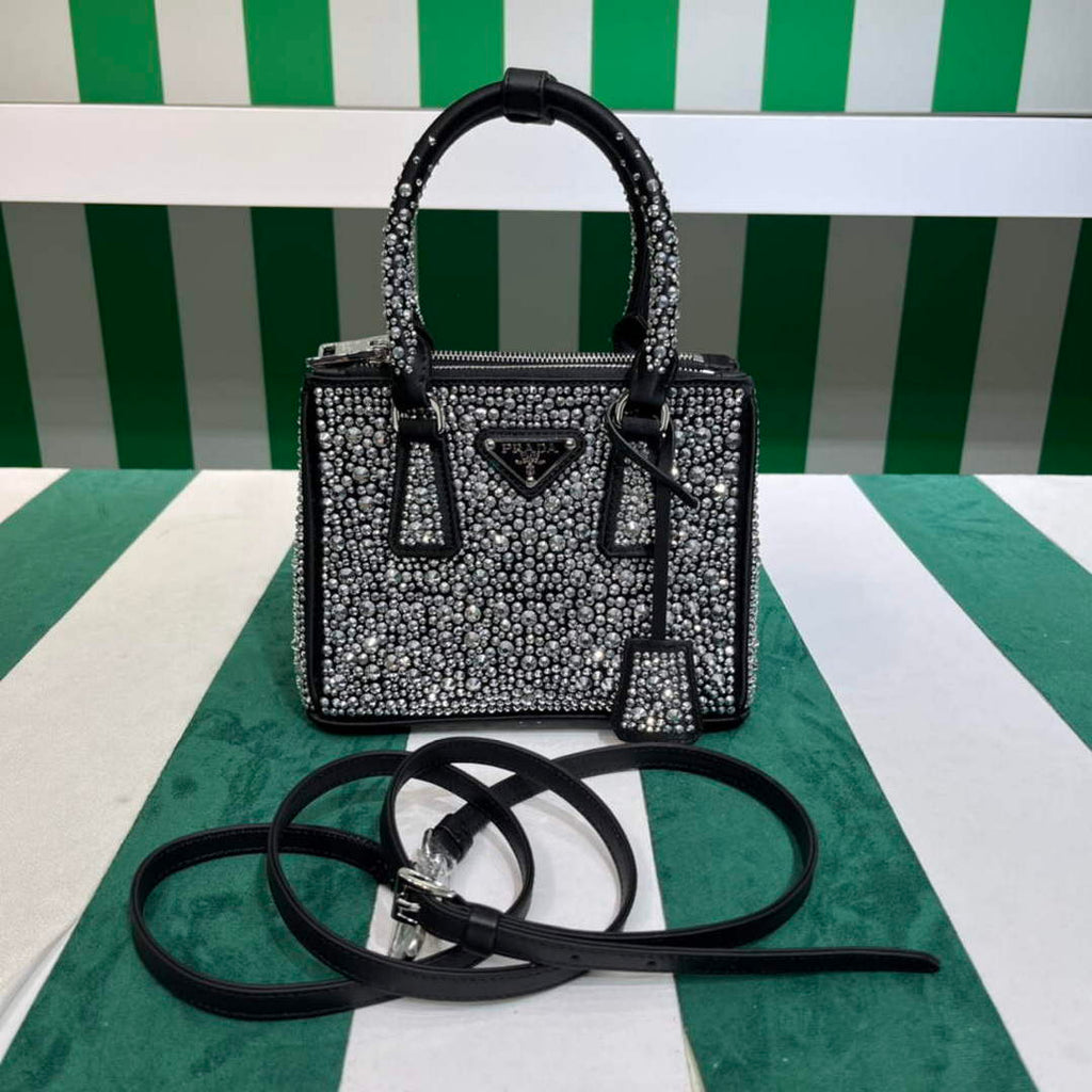 Prada 1BA906 Galleria satin mini-bag with crystals Black