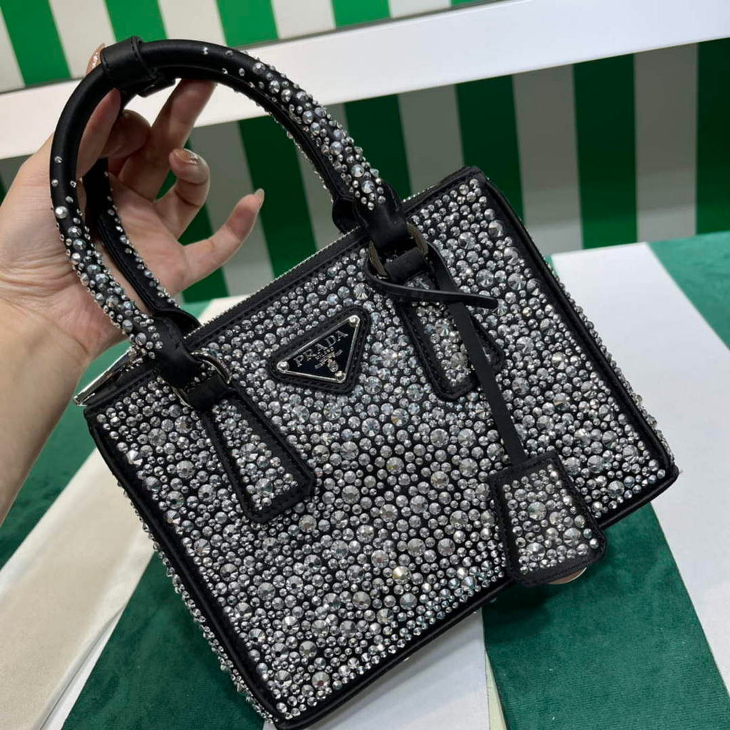 Prada 1BA906 Galleria satin mini-bag with crystals Black