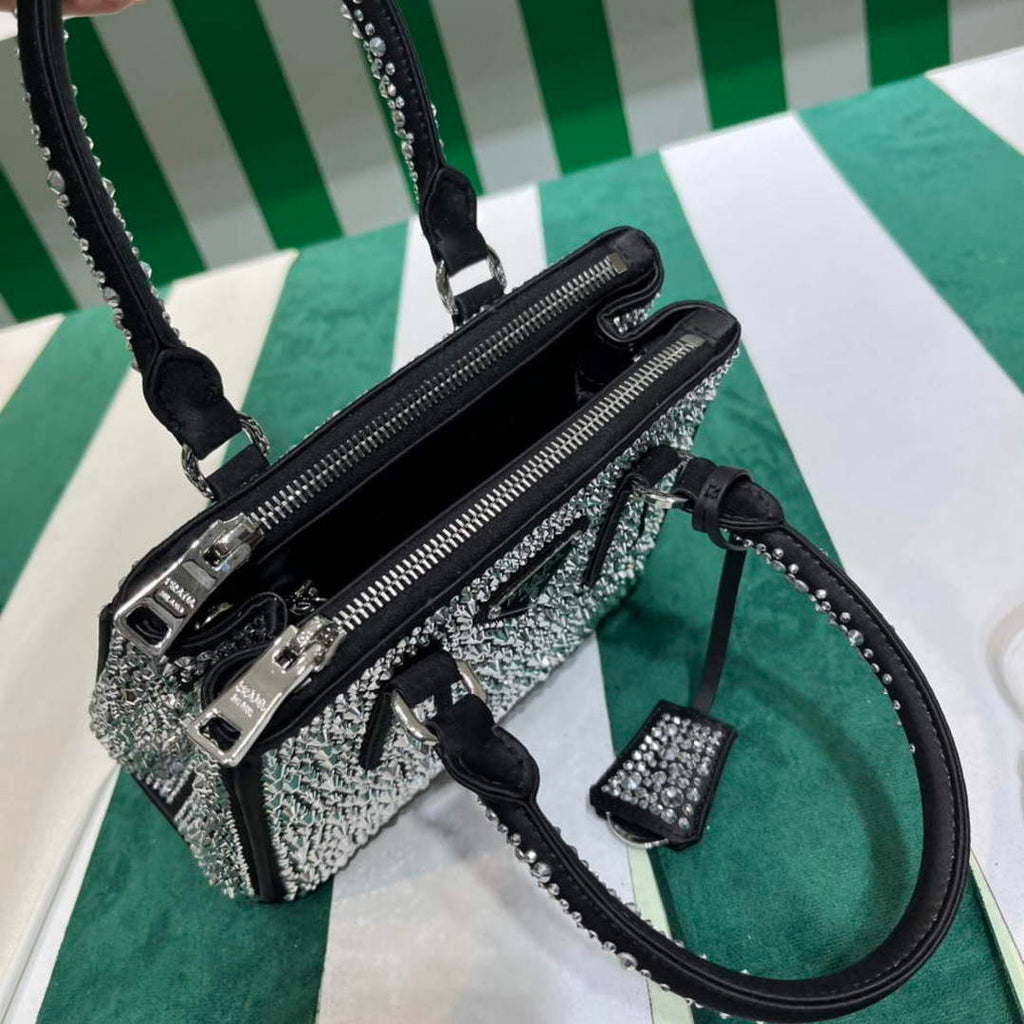 Prada 1BA906 Galleria satin mini-bag with crystals Black